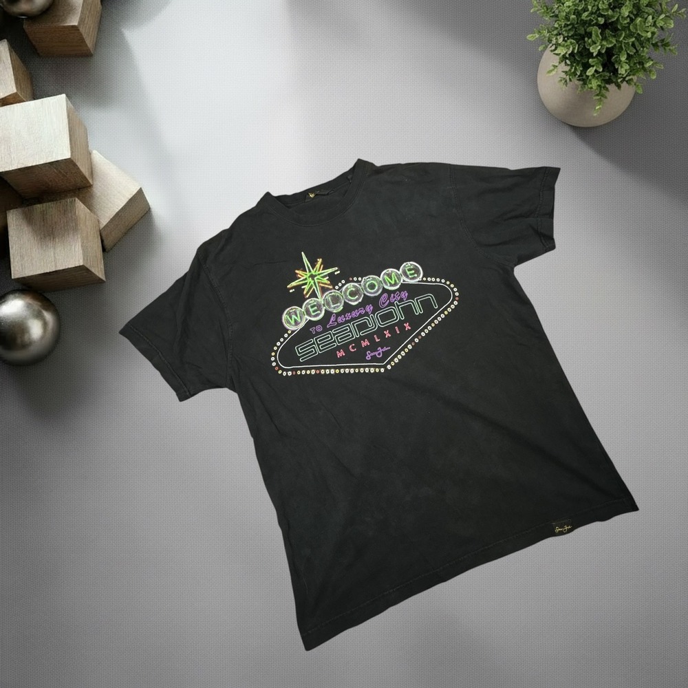 Sean John Vintage Y2K Neon Las Vegas Graphic T-Shirt Black XXL Boxy Fit